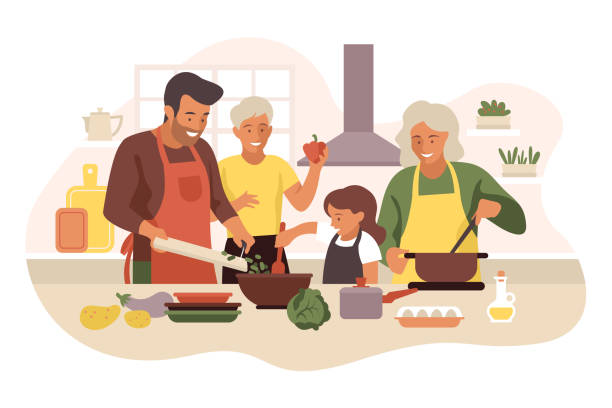 A family cooking a meal in the kitchen.